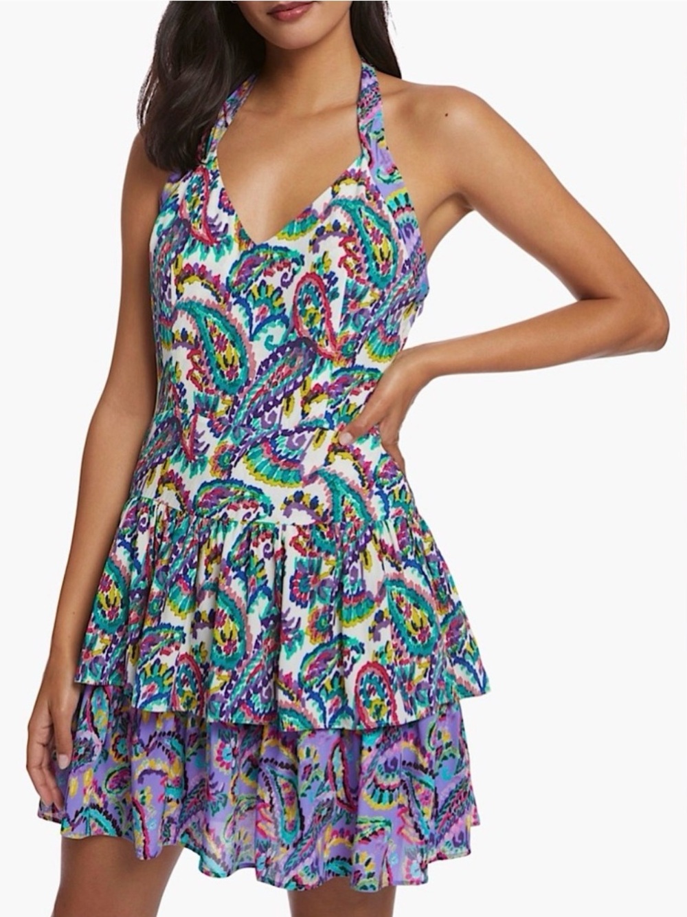 Robert Graham Purple Multi Paisley Gracie Mini Halter Dress NEW Tiered Ruffle